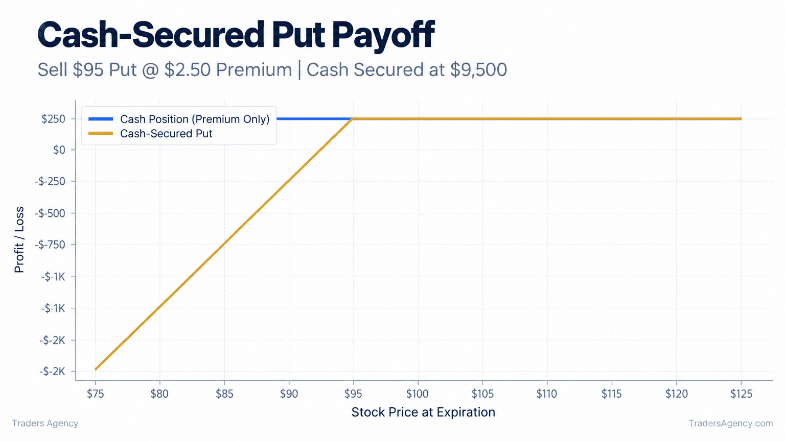 Payoff diagram showing the profit capped at the $250 premium above a $95 strike and losses increasing below the $92.50 breakeven price