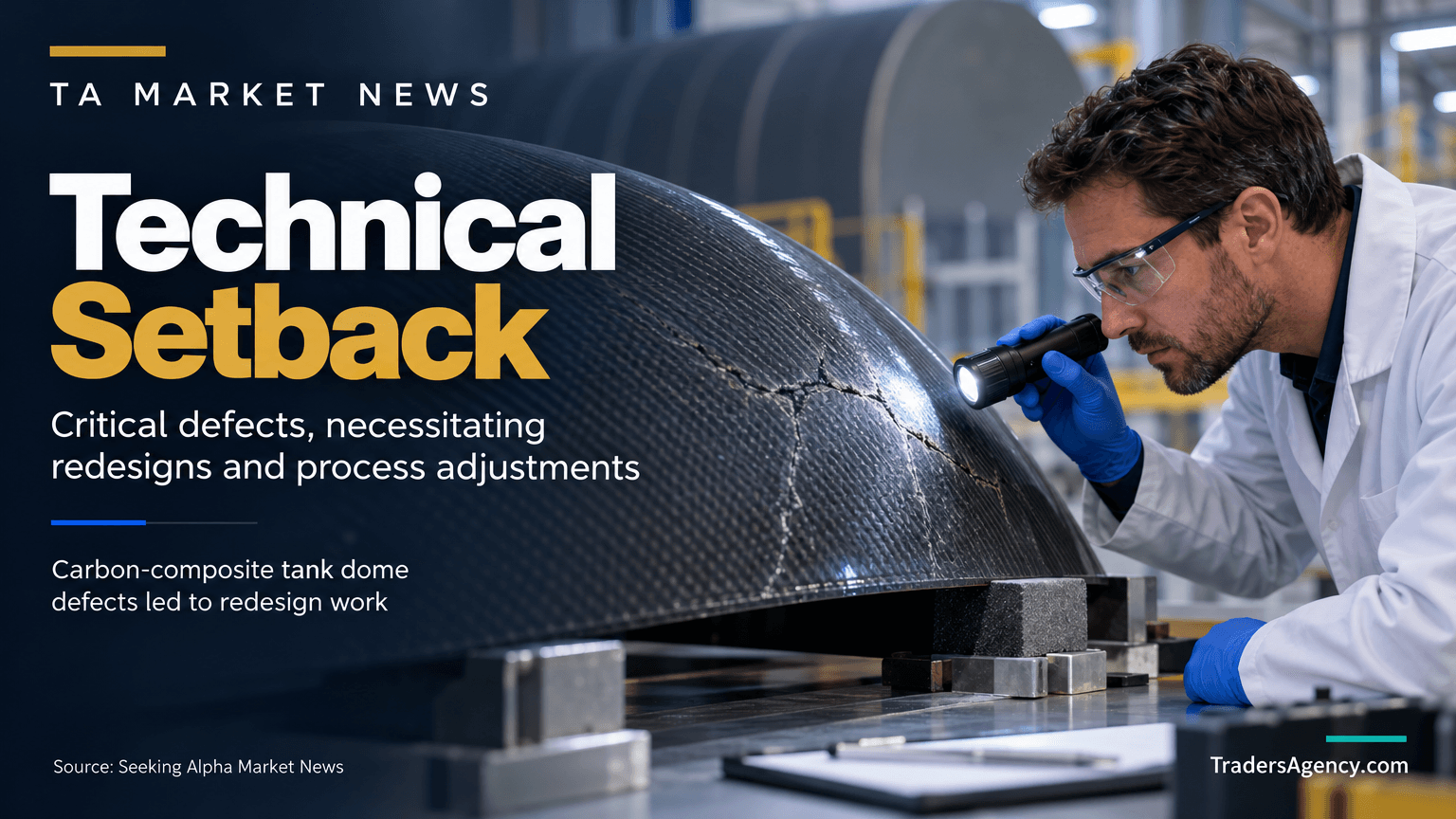 Engineer inspecting a carbon-composite tank dome component with visible surface defects.