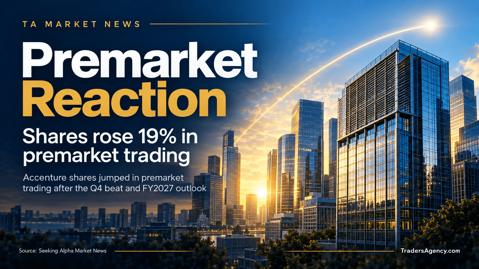 Editorial illustration of a financial district at sunrise symbolizing a sharp premarket stock price increase.