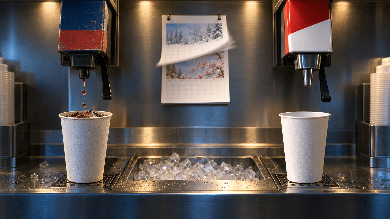 A restaurant soda fountain station showing one beverage nozzle finishing a pour in muted red-blue tones on the left and a brighter new nozzle in red-white tones on the right, with a wall calendar page flipping from winter to spring between them, symbolizing a supplier transition.