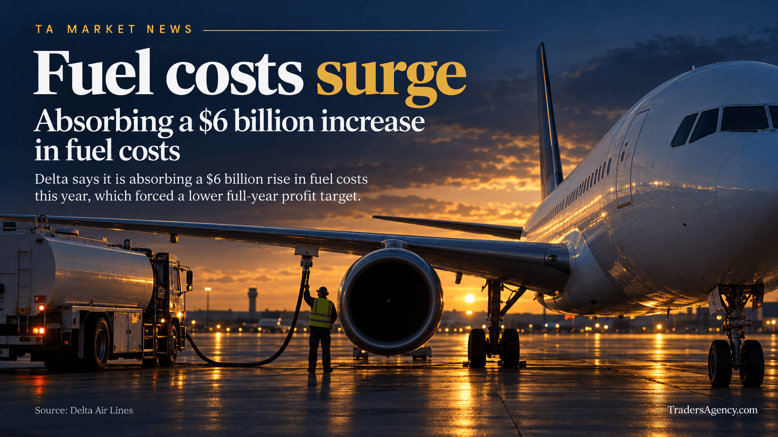 A jet being refueled on an airport tarmac at dusk, illustrating the surge in fuel costs affecting airline profits.