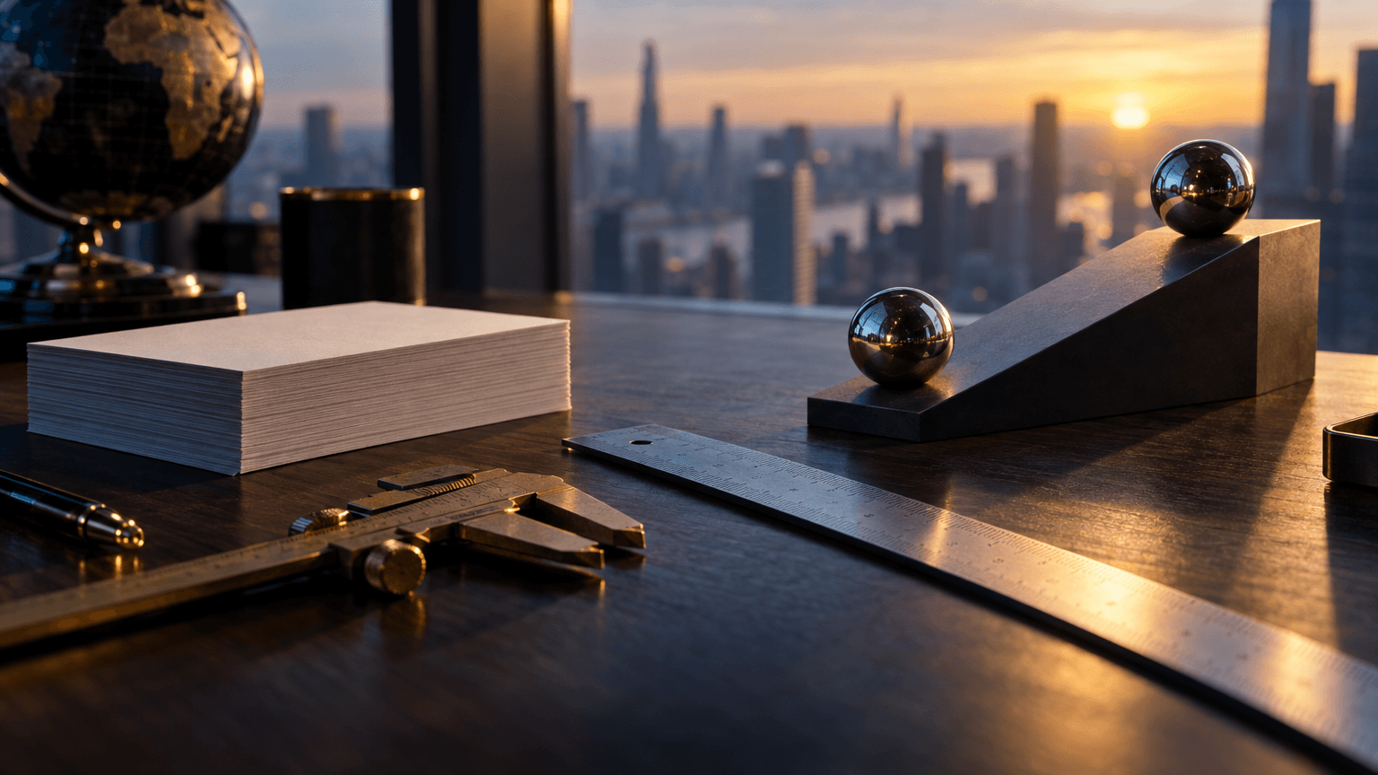 A clean trading desk at dawn: a steel ruler and a pair of brass calipers resting beside a stack of plain white index cards on dark walnut wood, each card edge-aligned like a measured price range.