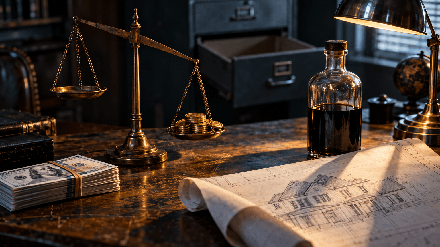 A close-up still life on a scarred oak desk: a stack of crisp hundred-dollar bills bound with a rubber band sits beside a battered antique brass balance scale, one pan empty and rising, the other weighed down by a small pile of gold coins.