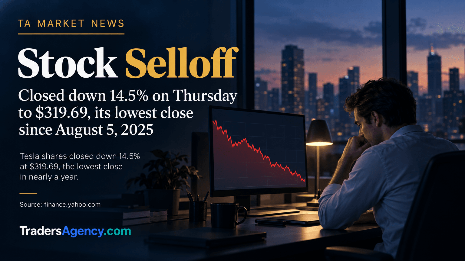 Illustration of a trader watching a declining stock chart on a monitor at dusk.