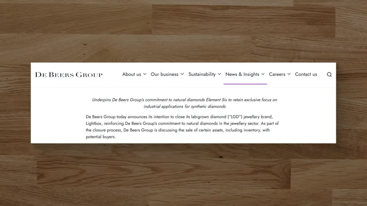 De Beers Group press release announcing the closure of its Lightbox lab-grown diamond jewelry brand, reinforcing its focus on natural diamonds