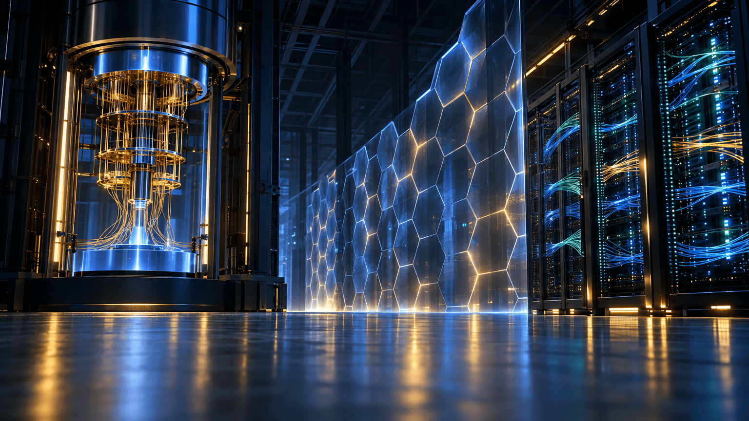 A wide cinematic view of a data center at night where a glowing quantum computing chamber on one side connects through a hexagonal, honeycomb-like barrier to a dense network of illuminated server racks and fiber cables on the other, symbolizing the merger of quantum technology and network security infrastructure.