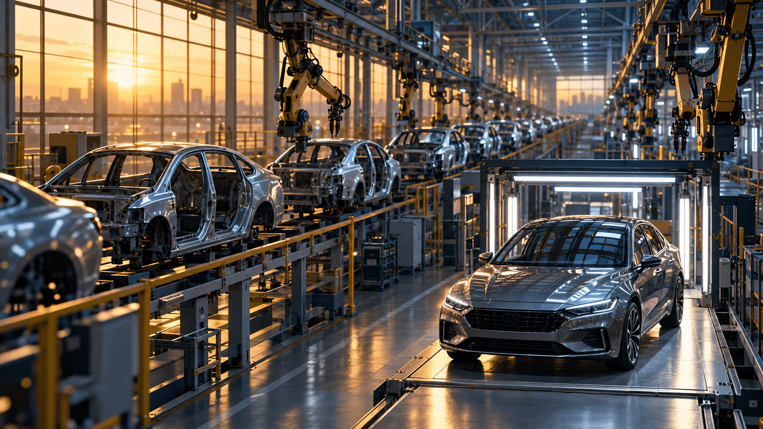 Elevated view of an automotive manufacturing plant at dusk, with vehicle bodies on an overhead conveyor and a spotlighted finished car body in the foreground, evoking industrial scale and operational strength.