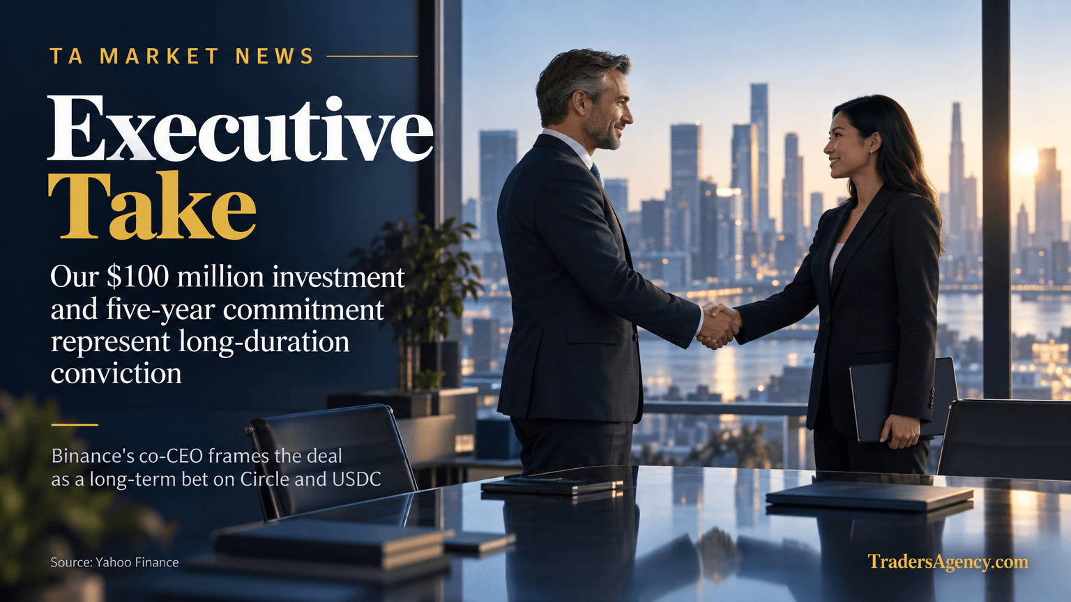 Illustration of two executives shaking hands in a boardroom, symbolizing a long-term corporate partnership.