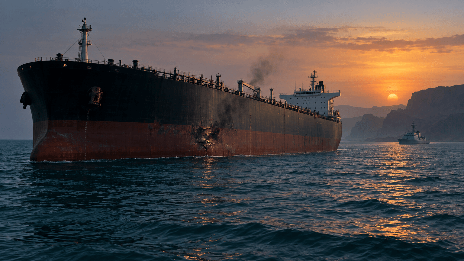 A crude oil tanker at sea near a coastal strait, with faint damage and smoke on its port-side hull at dusk, a distant patrol vessel visible on the horizon.