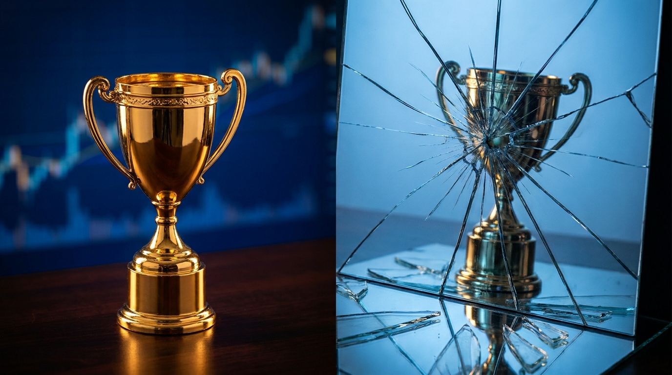 A split image showing a gleaming trophy or gold medal on one side, reflected in a cracked or shattered mirror on the other side, symbolizing how something excellent can still disappoint. The reflection distorts the trophy into something diminished or broken, visually capturing the gap between reality and inflated expectations. Cool, high-contrast lighting with blues and golds reinforces the financial tension between genuine achievement and market disappointment.