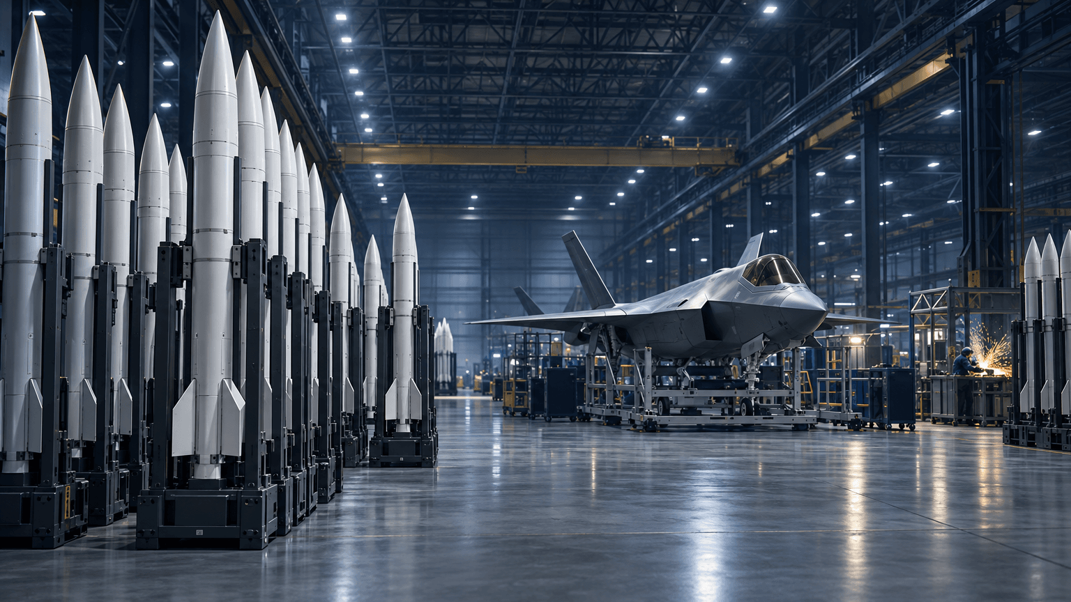 Wide industrial hangar interior with rows of upright missile interceptor bodies and a fighter jet fuselage on an assembly cradle, lit by overhead gantry lights, conveying large-scale defense production.