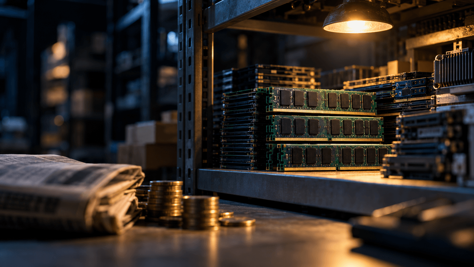A close-up of stacked memory modules and circuit boards arranged neatly on a steel warehouse shelf, lit by a single overhead industrial lamp while the rest of the room fades into shadow.