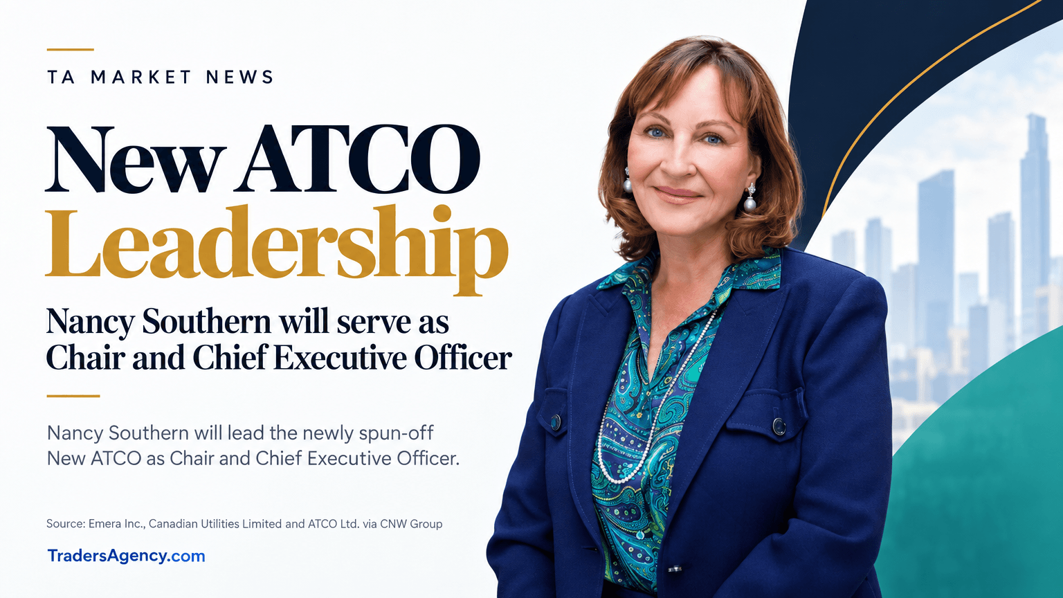 Portrait of a businesswoman in a navy blazer, representing New ATCO's incoming Chair and CEO.