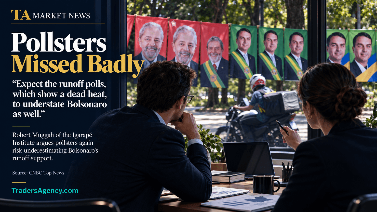 Editorial scene of analysts discussing election dynamics with rival candidate posters visible outside.
