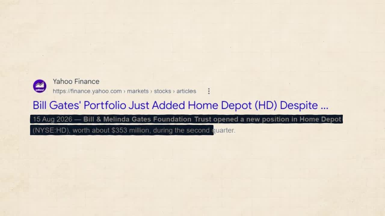 Yahoo Finance headline showing the Gates Foundation added Home Depot, a new $353 million position