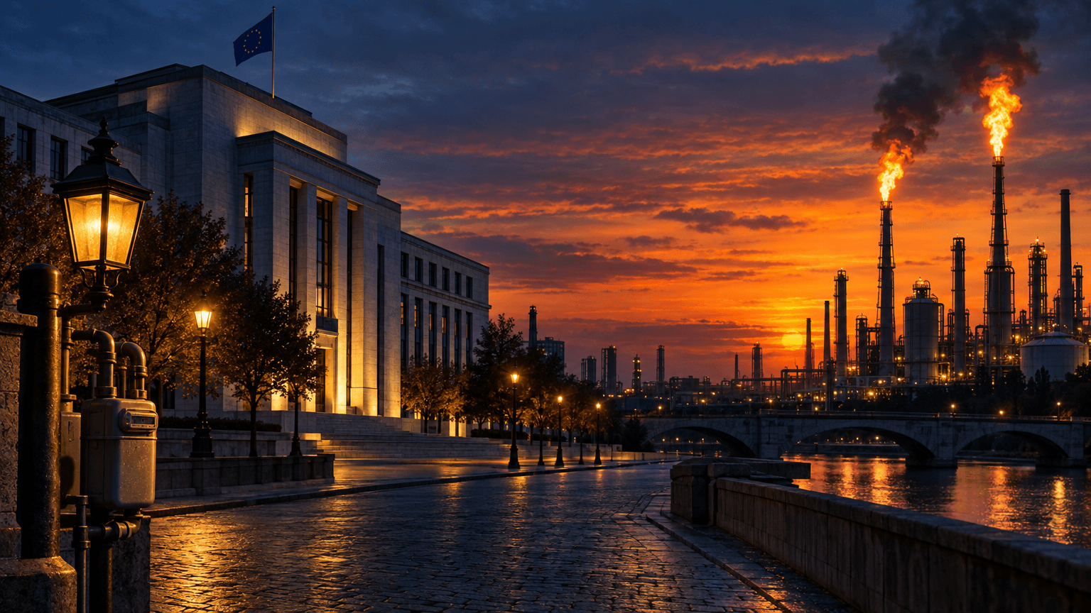 Dusk skyline showing refinery flare stacks glowing orange beside a softly lit European stone institutional building, evoking rising energy costs and central bank scrutiny.