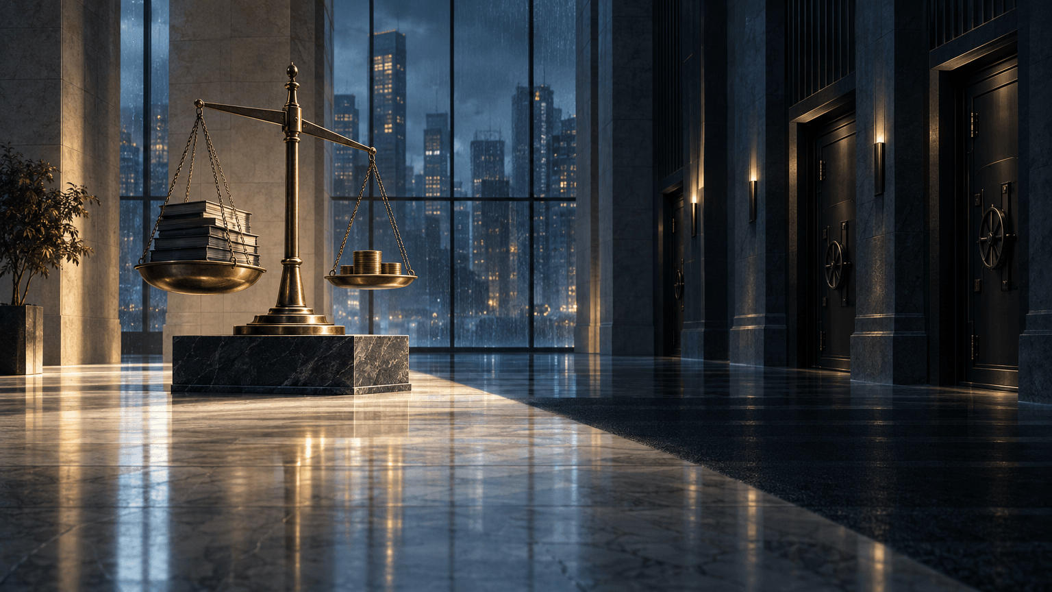 A grand bank lobby split between light and shadow, with an unevenly weighted bronze scale symbolizing financial gain offset by regulatory burden.