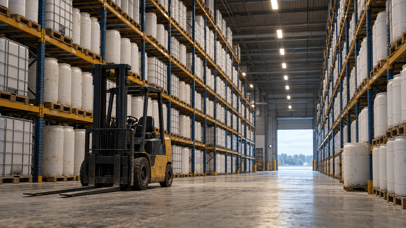 A wide interior view of an agrochemical warehouse with tall racks of unmarked storage drums stacked high and an idle, unused forklift in the foreground, conveying a buildup of unsold inventory.