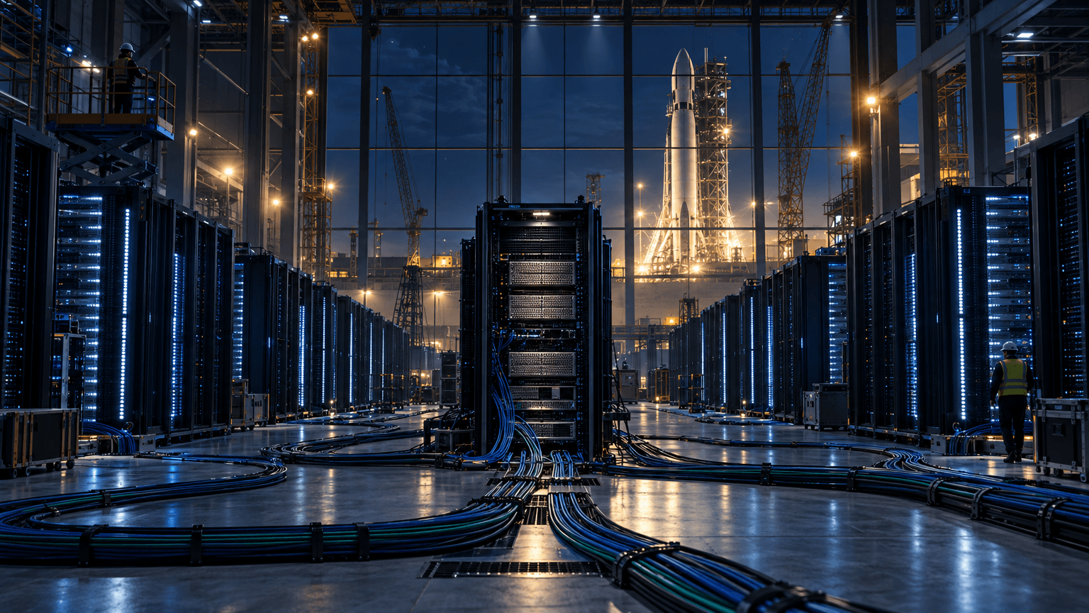 Wide view of an unfinished data center filled with server racks and cabling, with a large rocket visible through warehouse windows at night.