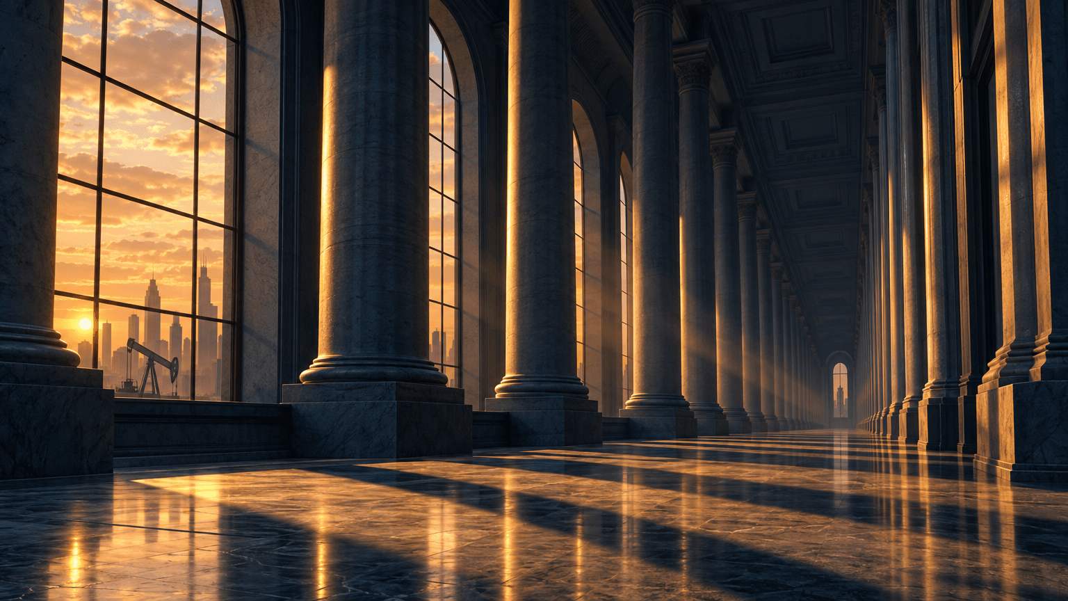 A grand hall of stone columns bathed in amber sunset light, with a distant oil pump jack and bank towers visible through tall windows, symbolizing long-term financial pressure.