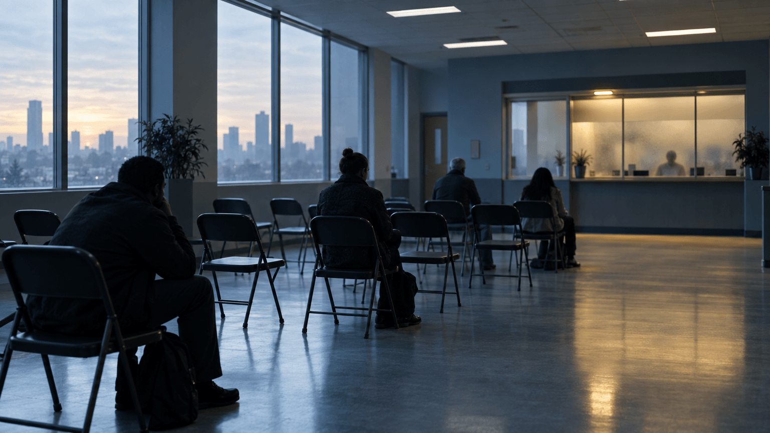 A nearly empty job-assistance waiting room at dawn, with a few people seated apart and a single lit service window, evoking a cooling labor market.