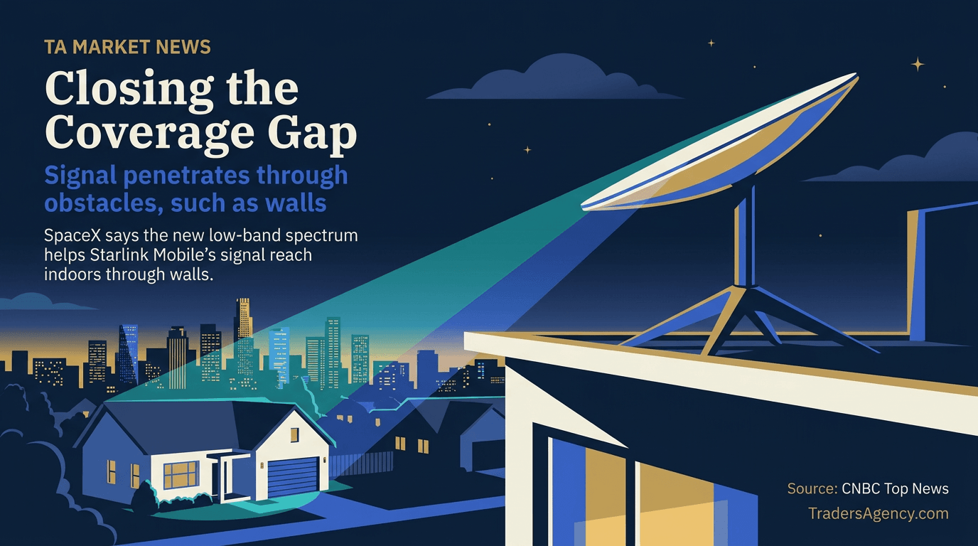 A satellite dish on a rooftop overlooking a suburban neighborhood at dusk, symbolizing indoor coverage.