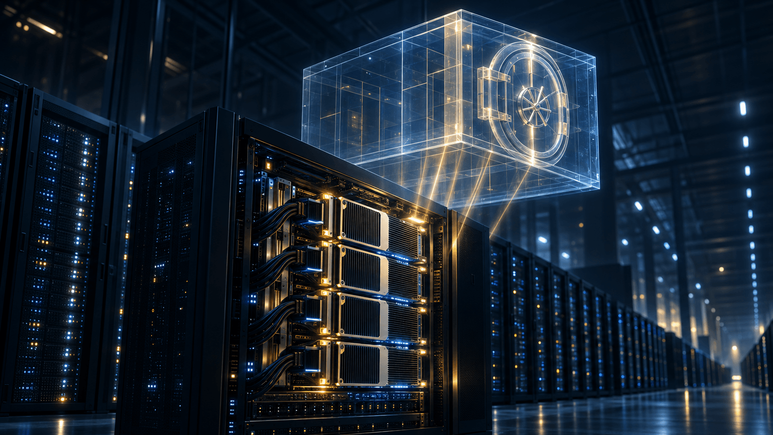 A dim data center with a glowing server rack of GPU hardware in the foreground, connected by beams of light to a translucent, ghostly vault-like structure hovering above it, symbolizing chips being placed into a separate financial holding entity while remaining in use.