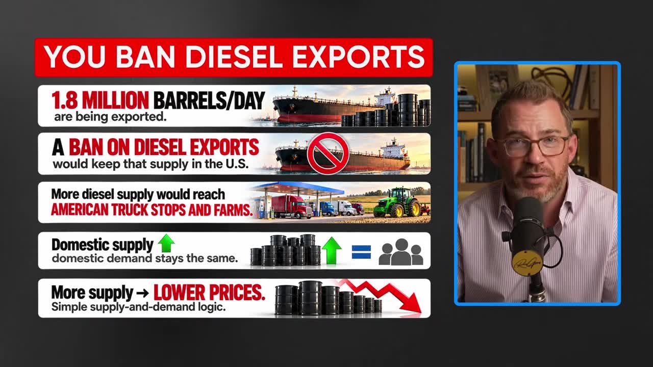Infographic showing the effects of banning diesel exports: 1.8 million barrels/day retained in the U.S., increasing domestic supply, keeping demand constant, and leading to lower prices.