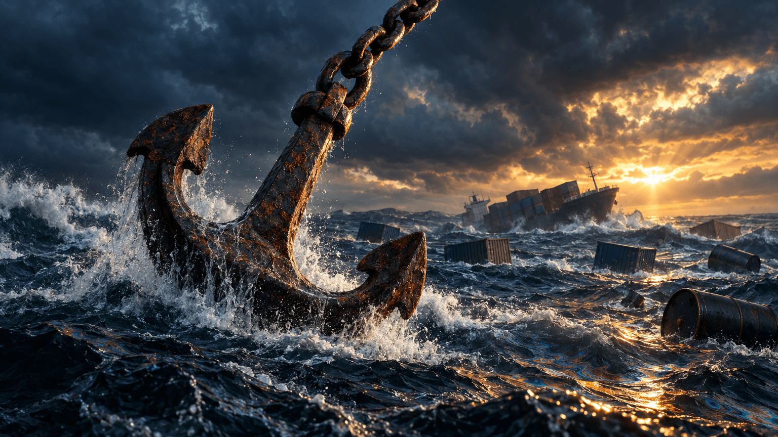 A rusted ship's anchor strains against a taut chain as it is pulled upward out of a dark, storm-tossed sea streaked with an oily sheen, with a tilted cargo ship and floating oil drums visible in the turbulent distance under an amber-lit stormy sky.