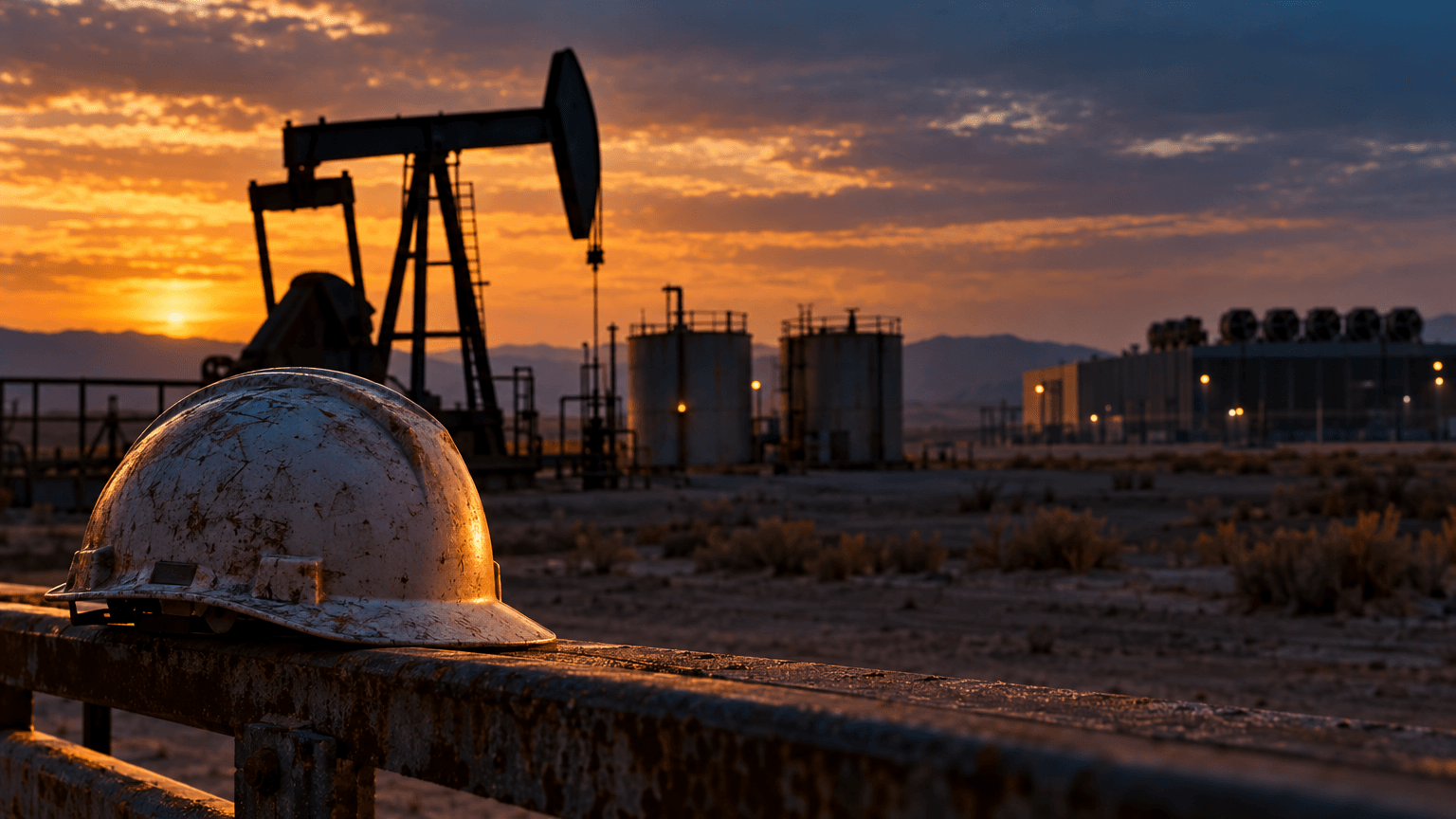 A pump jack silhouette stands against a hazy desert sky at dusk, its steel beam frozen mid-stroke beside a cluster of weathered storage tanks.