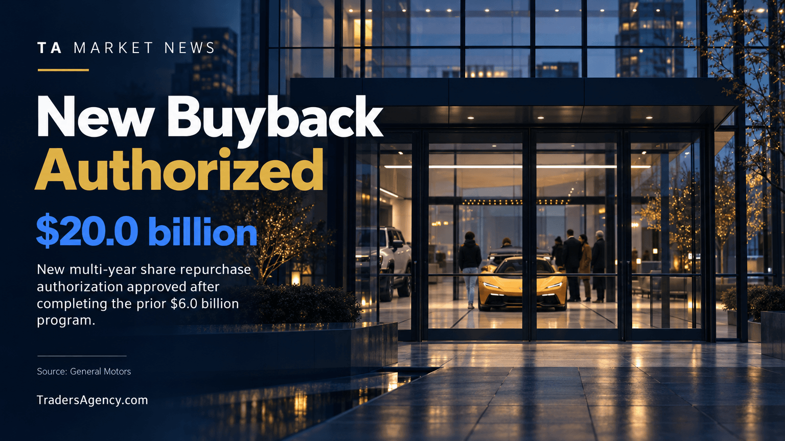 Corporate headquarters entrance at dusk representing GM's newly approved $20.0 billion share repurchase authorization.