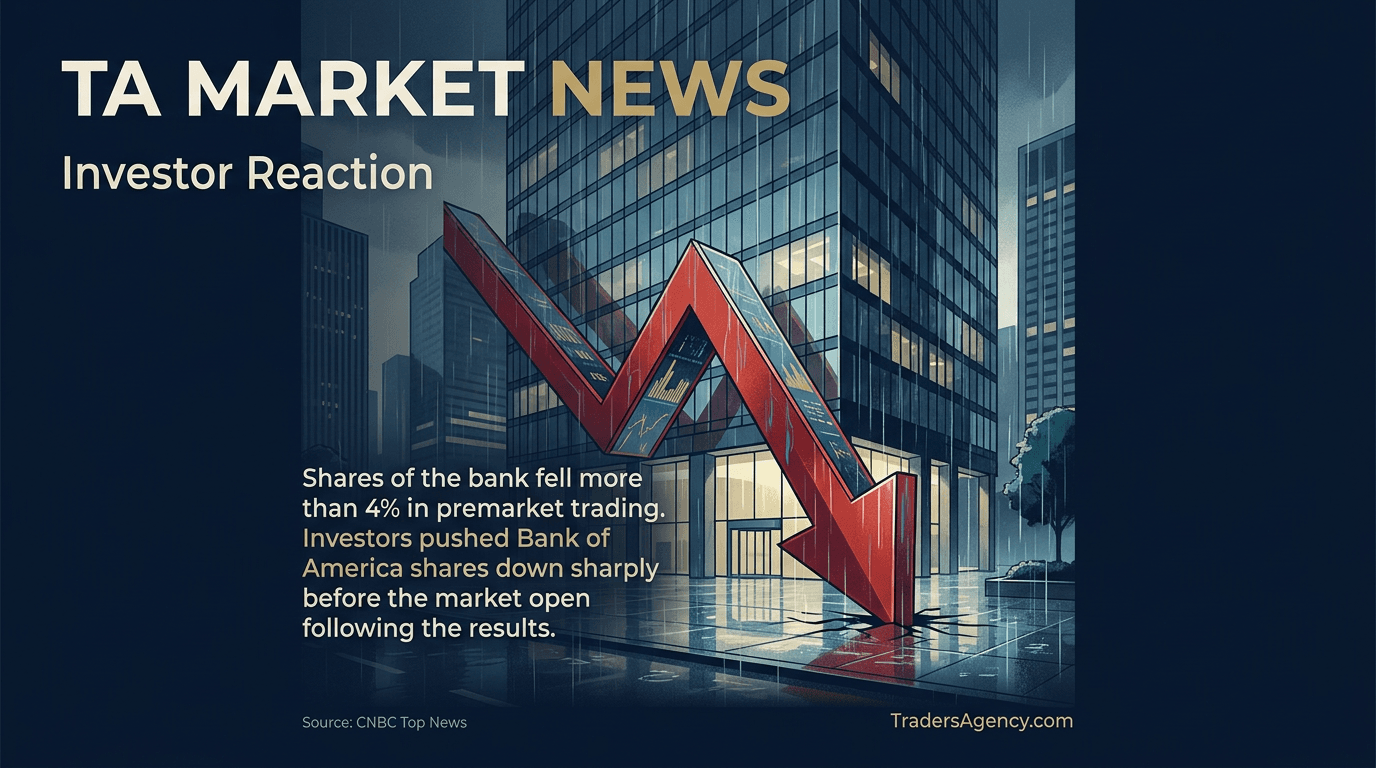 Illustration of a financial district at dawn with a descending red arrow symbolizing a premarket stock decline.