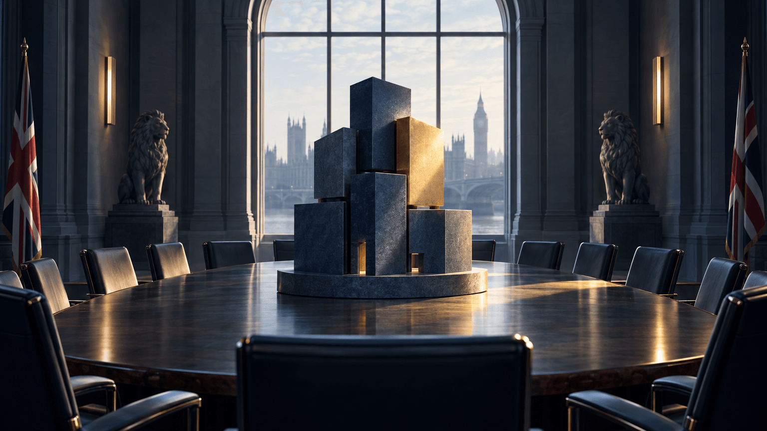 A large modular geometric structure sits at the center of a formal, empty regulatory chamber table, surrounded by vacant chairs and lit by a single directional light, symbolizing a dominant company under regulatory review.