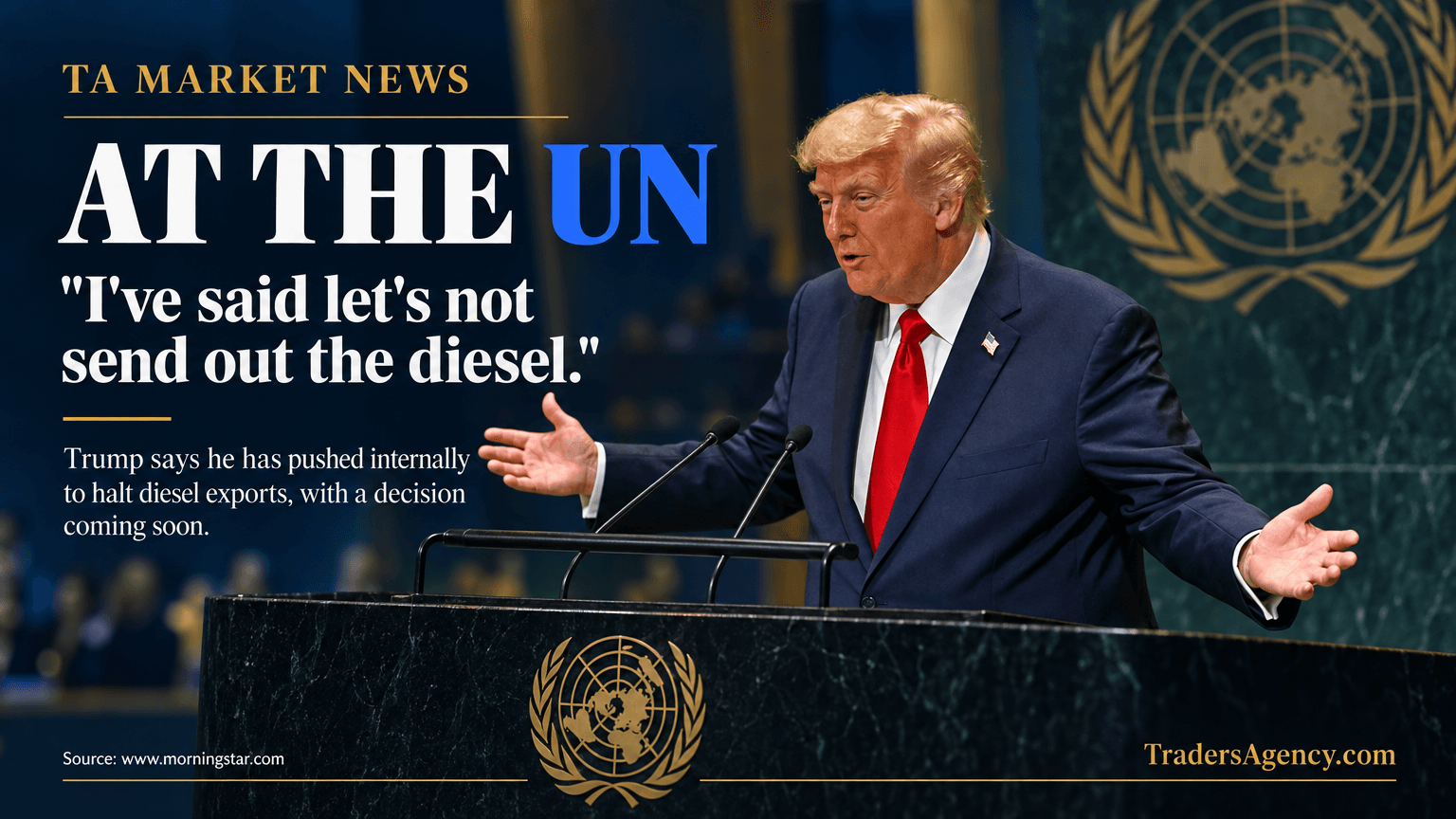 President Trump gestures while speaking at a podium inside the United Nations General Assembly hall.