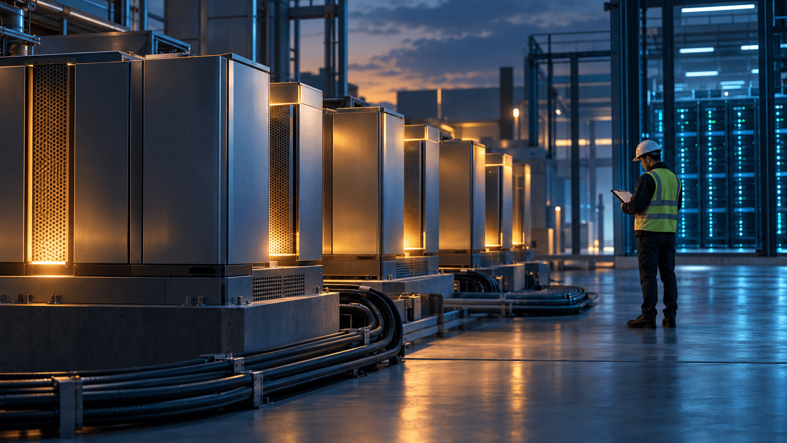 Rows of industrial fuel cell power modules glowing amber inside a facility, with cables leading to a dim server background and an engineer inspecting the equipment, symbolizing strong energy output amid financial caution.
