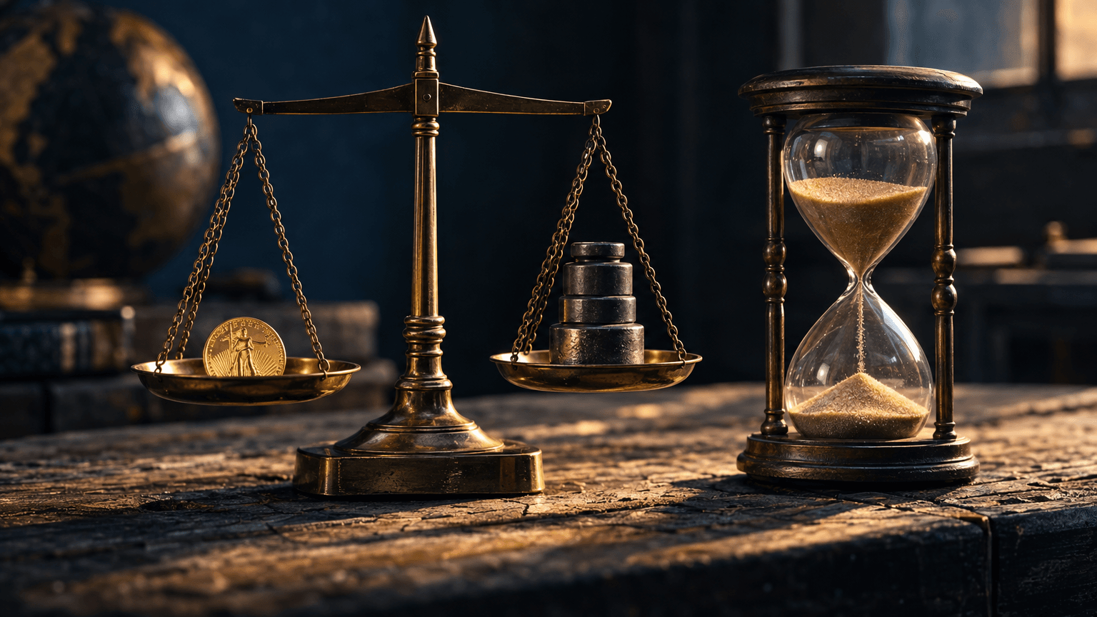 A sleek analog scale sits on a weathered wooden workbench, one brass pan holding a single gold coin, the other balanced with four small iron weights stacked in a neat column.