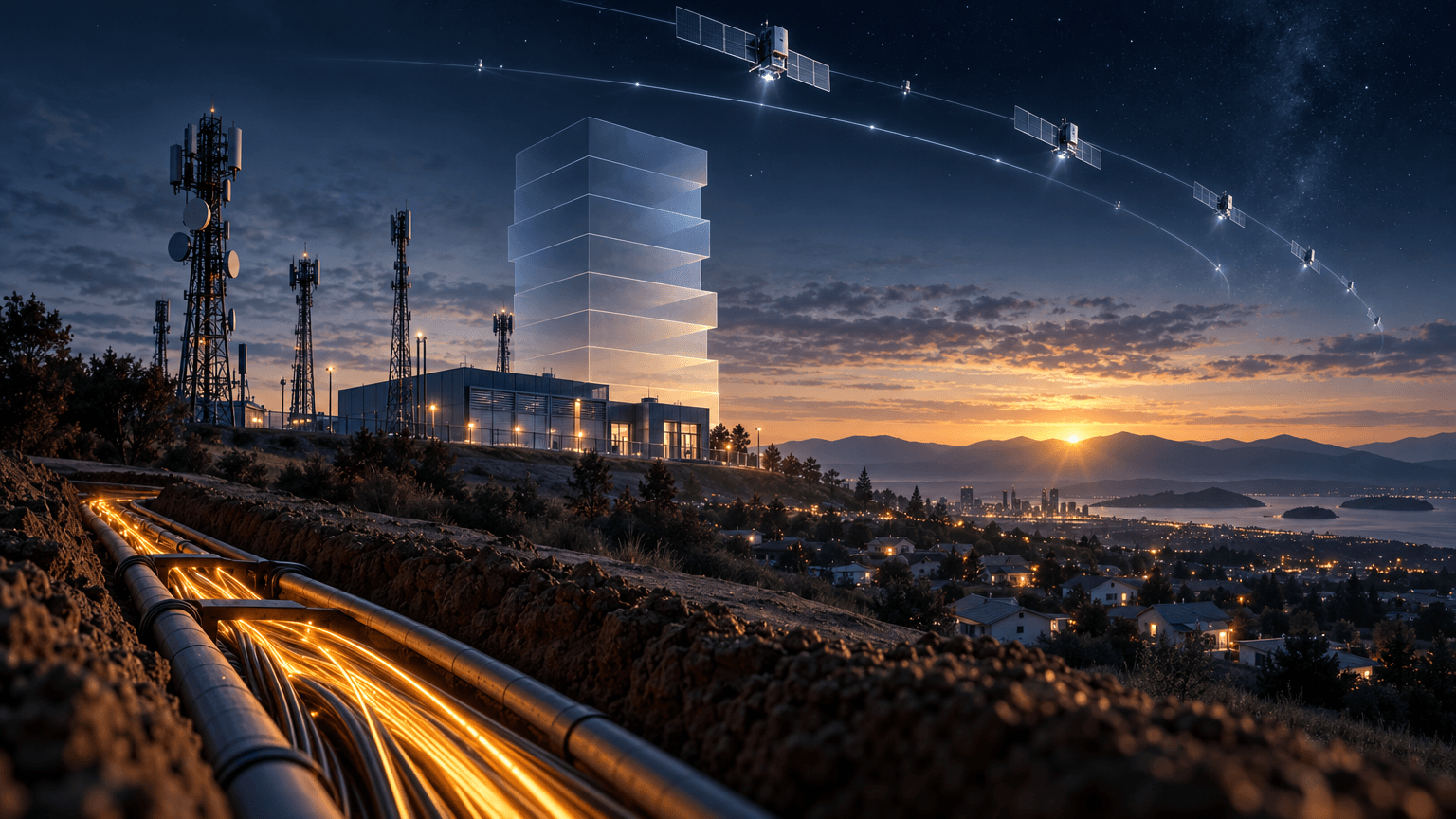 Aerial-style illustration of fiber-optic trenches and telecom towers glowing amber in the foreground, with a faint satellite constellation arcing across a darkening sky above, and translucent glass-like panels stacking upward near the towers suggesting rising corporate debt.