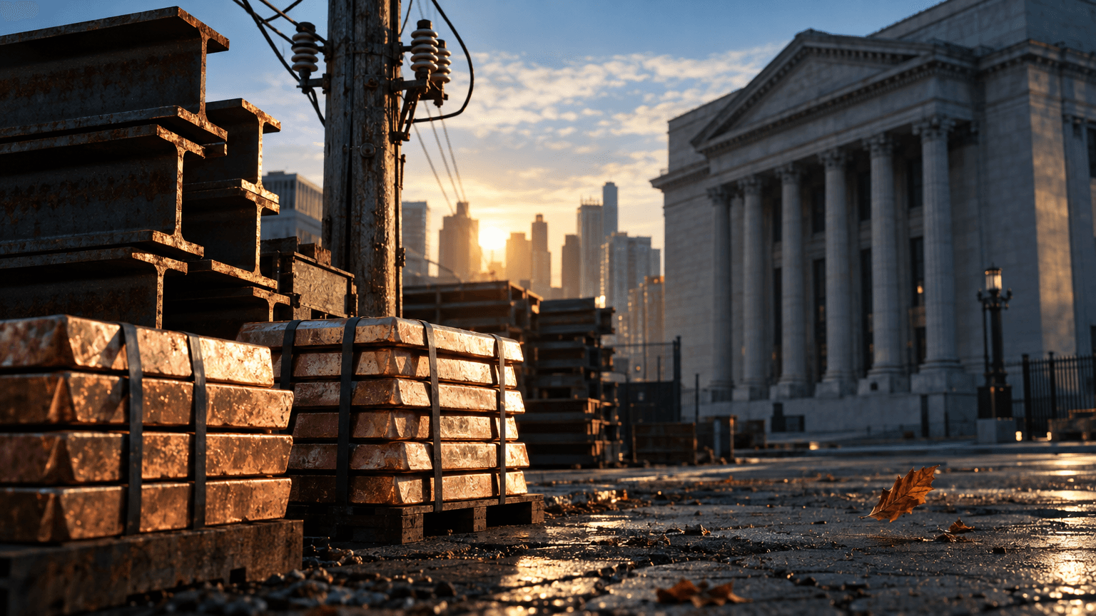 A sunlit industrial yard at dawn: stacked steel beams and raw copper ingots rest beside a weathered utility pole, its ceramic insulators catching the light, while in the soft-focus background a bank building's granite façade stands unlit an