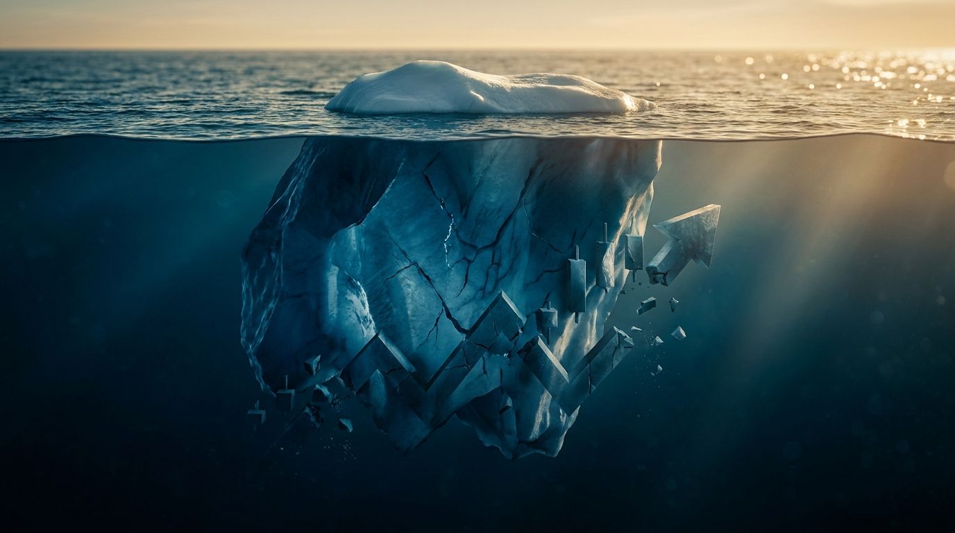 A dramatic split image showing an iceberg scene — the tip barely visible above calm water representing the stable S&P 500 index, while a massive submerged portion reveals a battered, crumbling underwater structure symbolizing the hidden damage among individual stocks. The underwater section should be rendered in cold, deep blues with fractured or sinking stock chart-like shapes dissolving into the darkness. The stark contrast between the serene surface and the chaotic depths immediately conveys