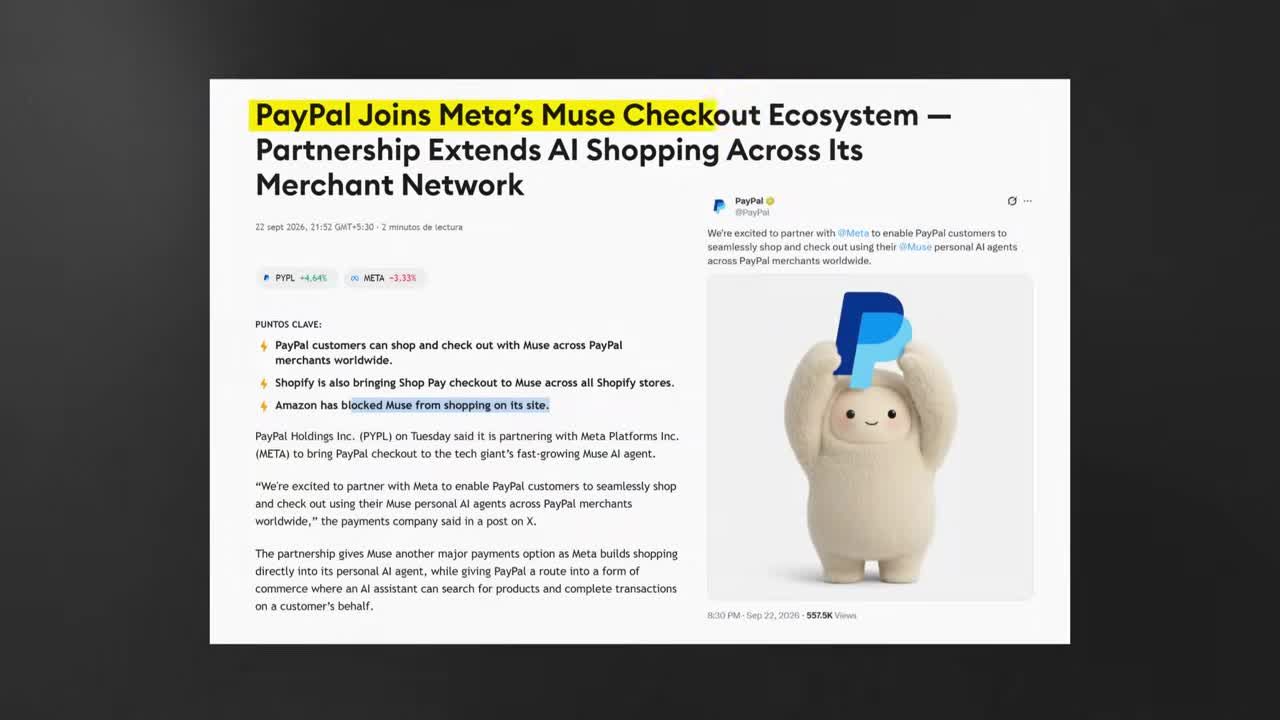 News article screenshot announcing that PayPal has joined Meta's Muse checkout ecosystem