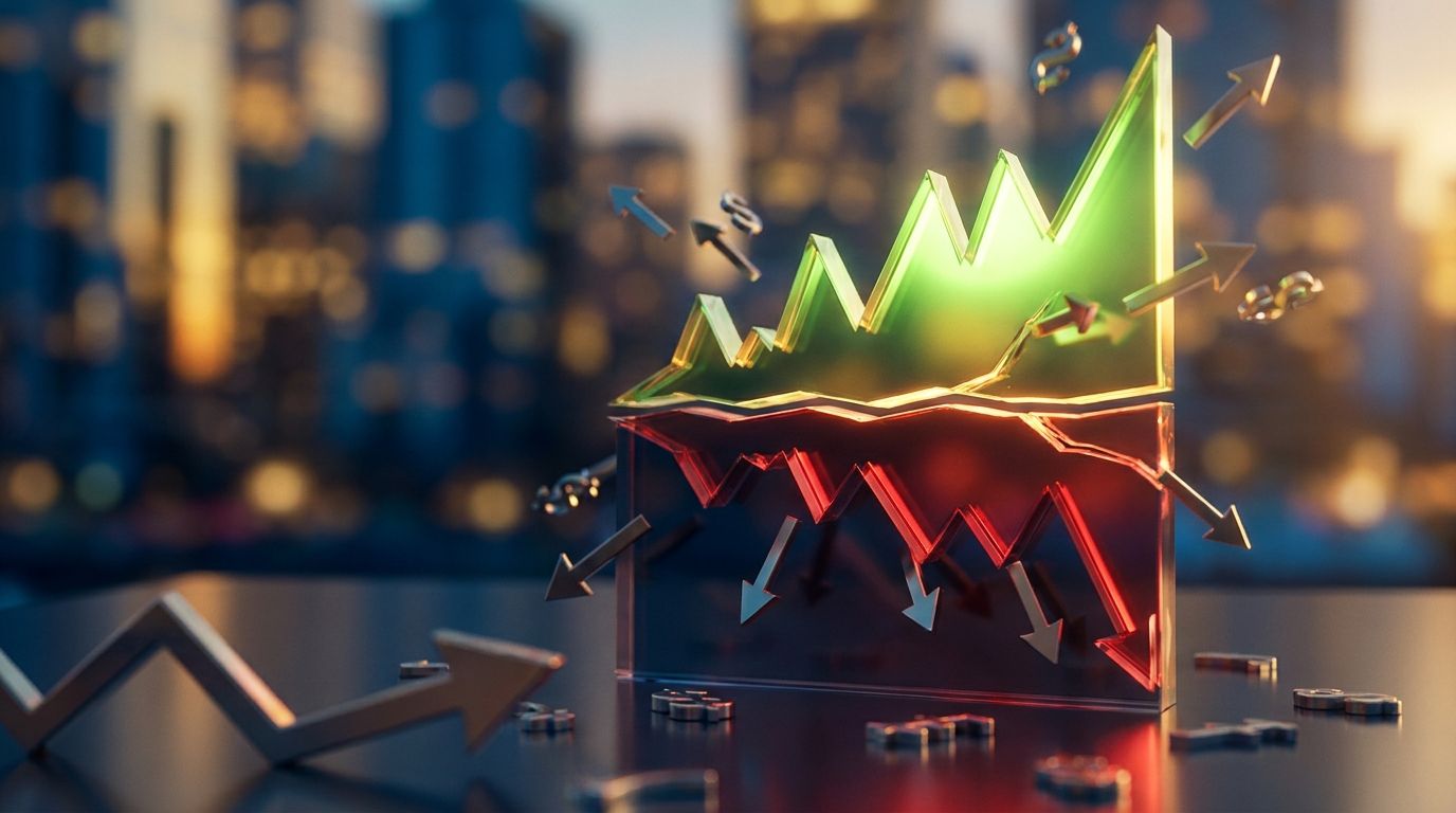 A dramatic split-screen stock market chart showing a sharp peak and reversal, with the top half glowing in bright green bull-market energy and the bottom half shifting into deep red, symbolizing the great rotation and reset. Scattered ticker symbols or stock price arrows are flying in opposite directions — some soaring, some plummeting — conveying the chaos of low correlation beneath a deceptively calm surface. The overall mood is tense and pivotal, like standing at the edge of a cliff, capturin
