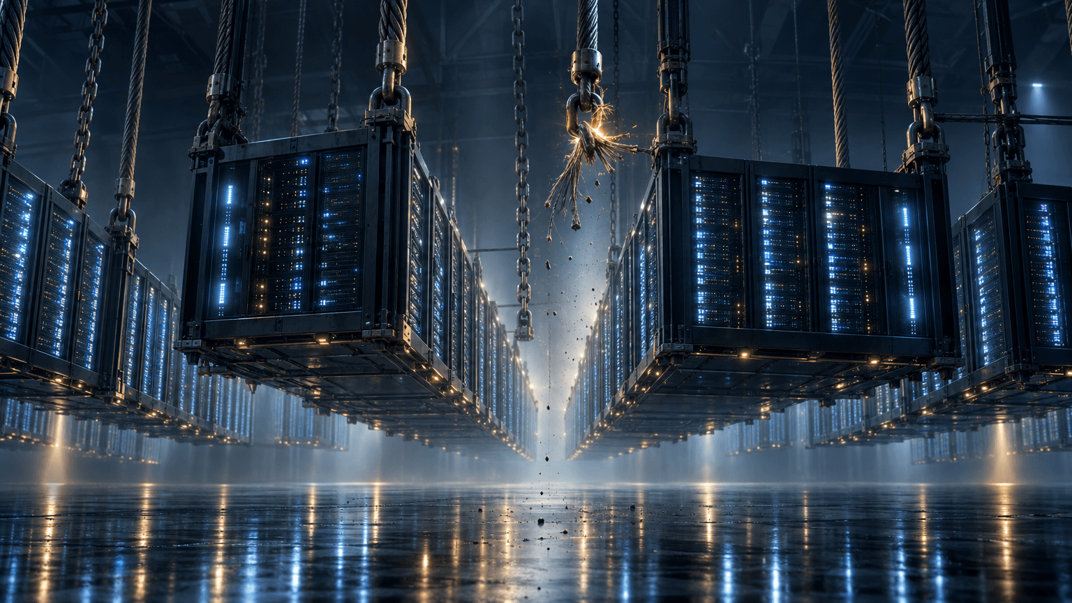 A massive data center of glowing server racks hangs suspended from thick industrial chains anchored to the ceiling, with one central chain's strands visibly frayed and sparking, symbolizing financial strain beneath a large AI infrastructure buildout.