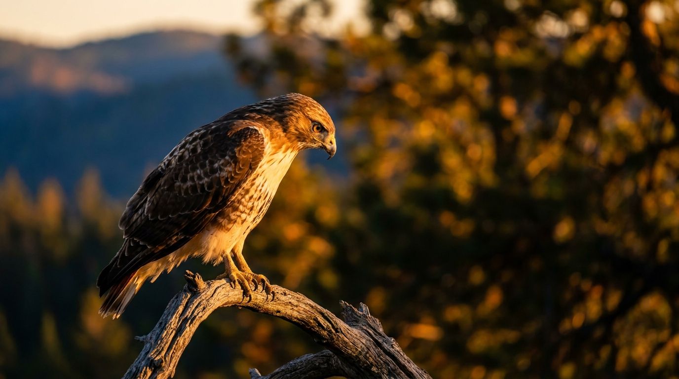 A lone hawk perched on a high branch, intensely focused and scanning the landscape below with sharp, alert eyes — perfectly still yet radiantly attentive. The bird is surrounded by a slightly blurred, golden-hour forest scene, conveying both patience and readiness to strike at a moment's notice. The contrast between the hawk's stillness and the dynamic, warm light suggests disciplined watchfulness rather than passive waiting.
