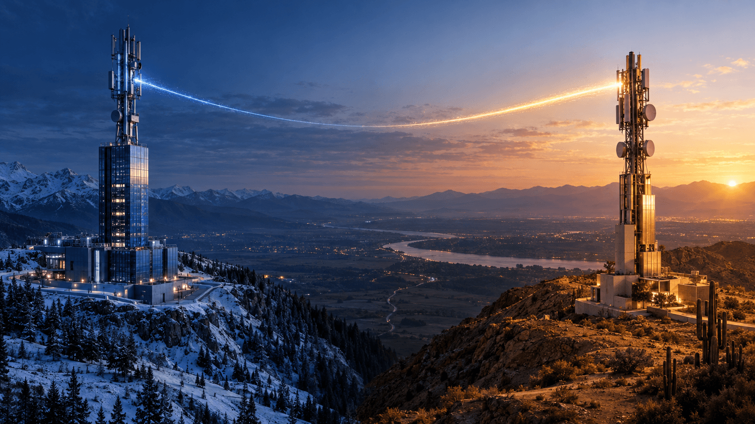 A split dusk landscape showing a U.S. fiber-optic tower on one side and a Mexican telecom mast on the other, connected by a fading light beam symbolizing the transfer of a telecommunications business between countries.