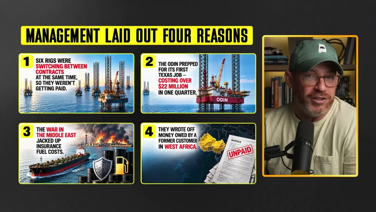 Infographic listing four management-cited reasons for the second quarter earnings drop: rig contract switching, Odin rig prep costs over $22 million, Middle East war insurance and fuel costs, and written-off debt in West Africa