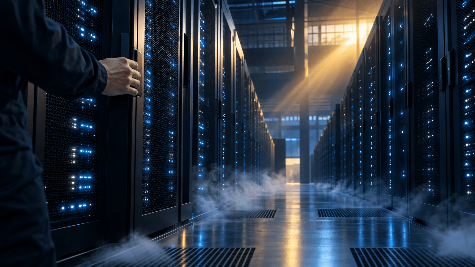 Rows of illuminated server racks in a dim data center, with a warm beam of light cutting across the cool blue glow, evoking advanced AI computing infrastructure.
