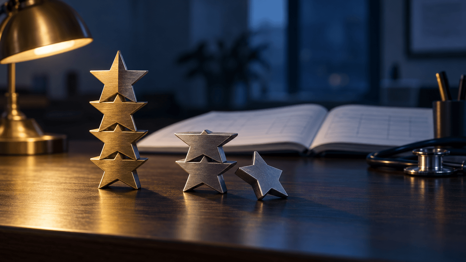 Two stacks of metallic star-shaped objects on a desk, one tall and complete, the other shorter with a single star fallen beside it, symbolizing a ratings decline.