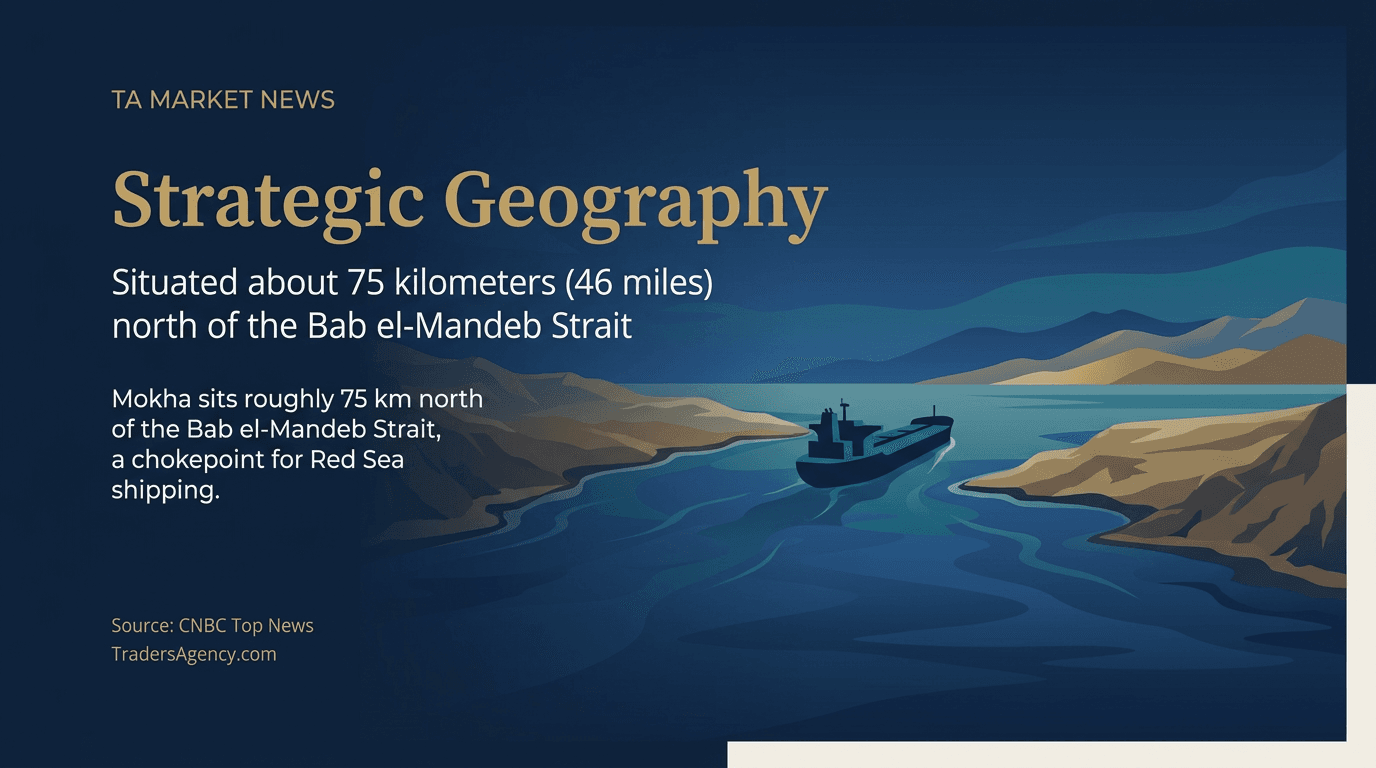 Illustration of a narrow sea strait with an oil tanker passing between two arid coastlines.