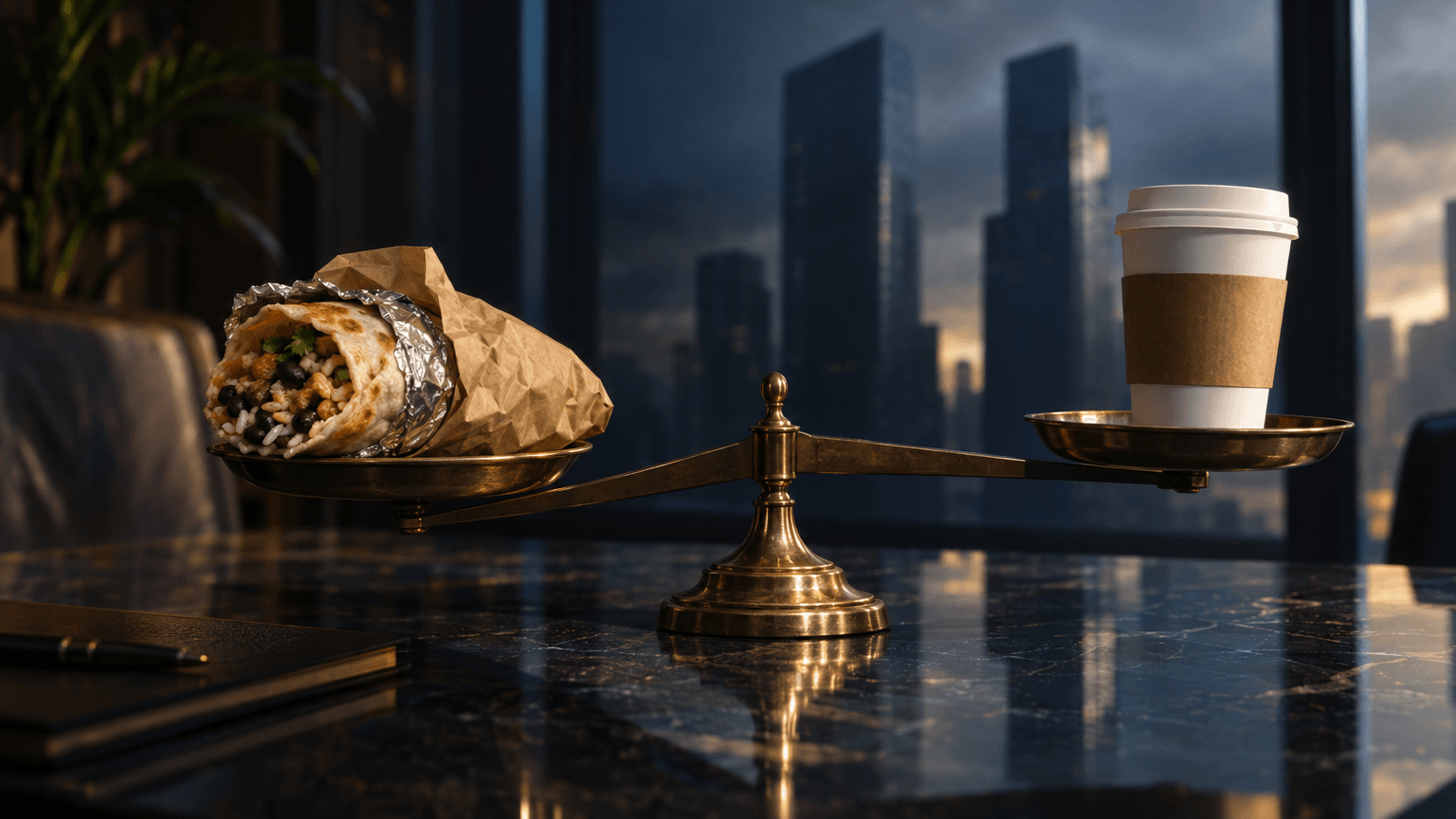 A balance scale on a dark surface holding a burrito wrapper on one side and a coffee cup on the other, tipped unevenly, with faint reflections of skyscrapers in the background, symbolizing a failed corporate takeover.