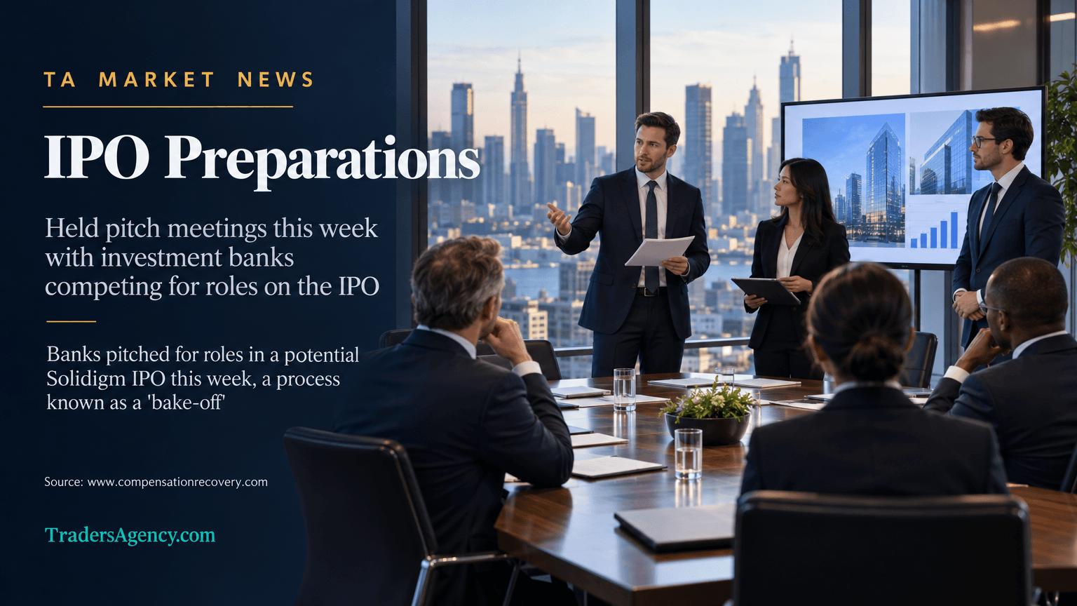 Bankers presenting materials to executives in a boardroom, representing IPO advisory pitch meetings.